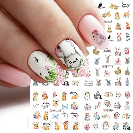 Pretty Nails - 12Pcs Lovely Rabbit Easter Nail Art Stickers Kawaii Animals Carrot Bunny Decals Design Water Transfer Decoration Manicure - Pure Hair Gaze