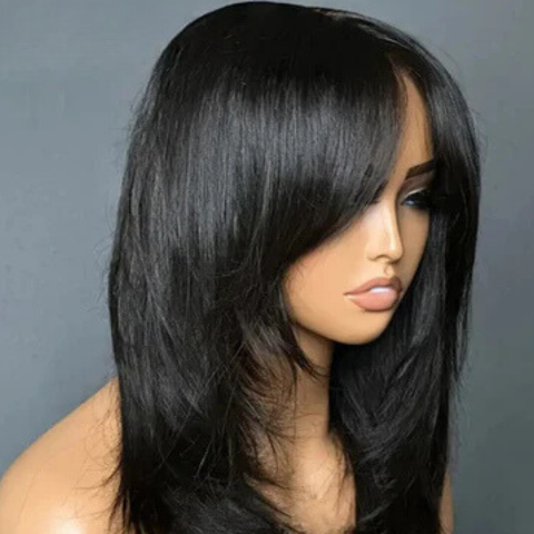 Curtain Bangs Wavy Wig Inspired Layers With 4x4 Glueless Wigs 100% Human Hair Wigs