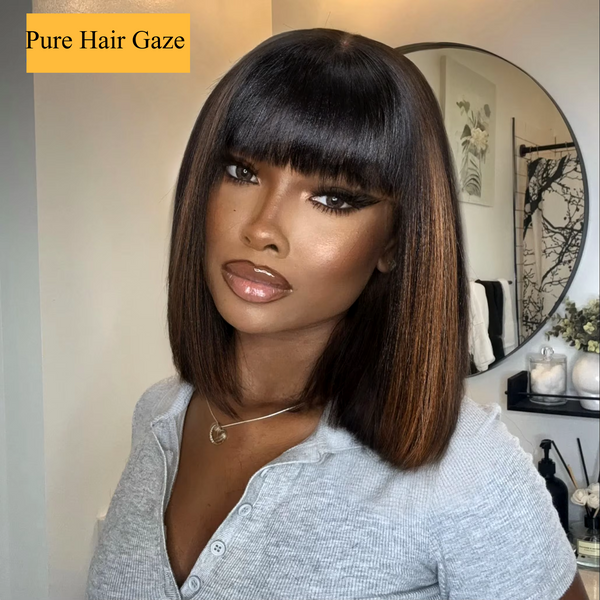 Short Bob Wigs With Bangs Yaki Straight  Highlight Balayage Color Wig 4X2 T Part Lace 100% Human Hair Wigs