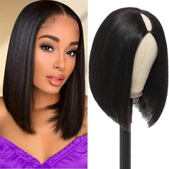 Short Bob Wig Yaki Straight V Part Wig 100% Human Hair No Glue Brazilian - Pure Hair Gaze