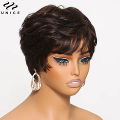 Brown Color Short Pixie Cut Bob Wig 100% Human Hair Wigs With Bangs Full Machine Made Layered Wavy Wigs for Women - Pure Hair Gaze