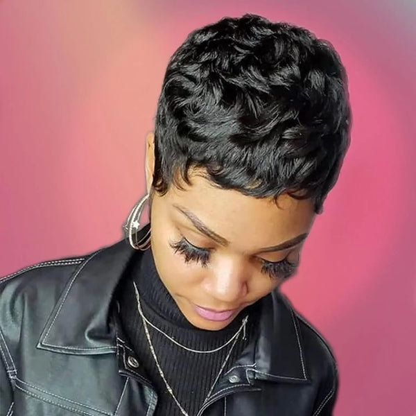 Short Pixie Cut Wavy Layered Natural Black Wig