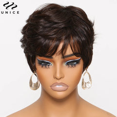 Brown Color Short Pixie Cut Bob Wig 100% Human Hair Wigs With Bangs Full Machine Made Layered Wavy Wigs for Women - Pure Hair Gaze