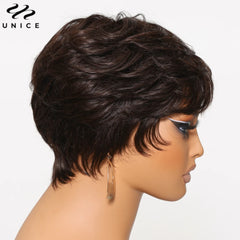 Brown Color Short Pixie Cut Bob Wig 100% Human Hair Wigs With Bangs Full Machine Made Layered Wavy Wigs for Women - Pure Hair Gaze