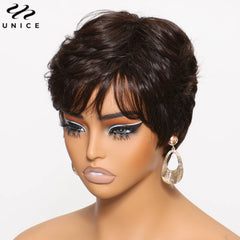 Brown Color Short Pixie Cut Bob Wig 100% Human Hair Wigs With Bangs Full Machine Made Layered Wavy Wigs for Women - Pure Hair Gaze