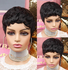 Short Pixie Cut Wavy Layered Natural Black Wig - Pure Hair Gaze