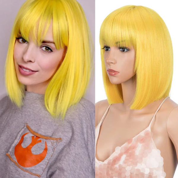 10 Inch Short Straight Bob Yellow Wig With Bangs