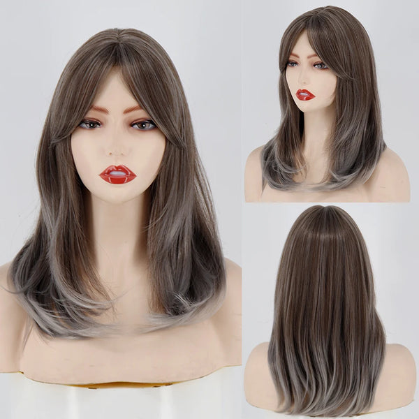 Synthetic Layered Straight Ash Blonde Wigs with Bangs