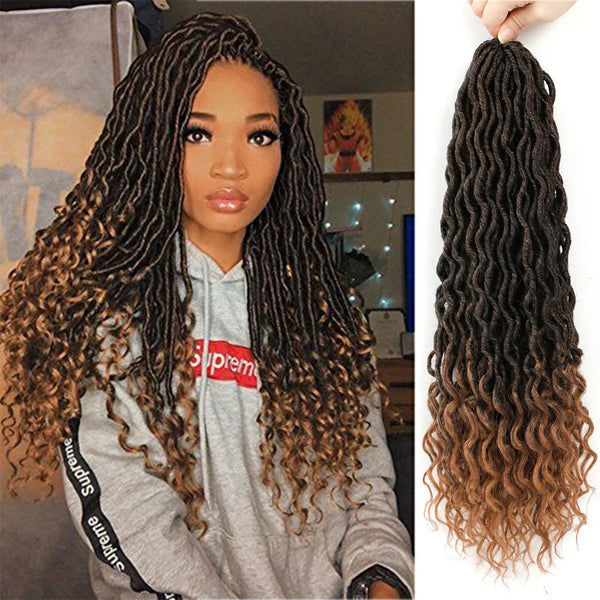Bohemian Goddess Curly Faux Locs - Ombre Brown Synthetic Crochet Braid Extensions with Curly Ends