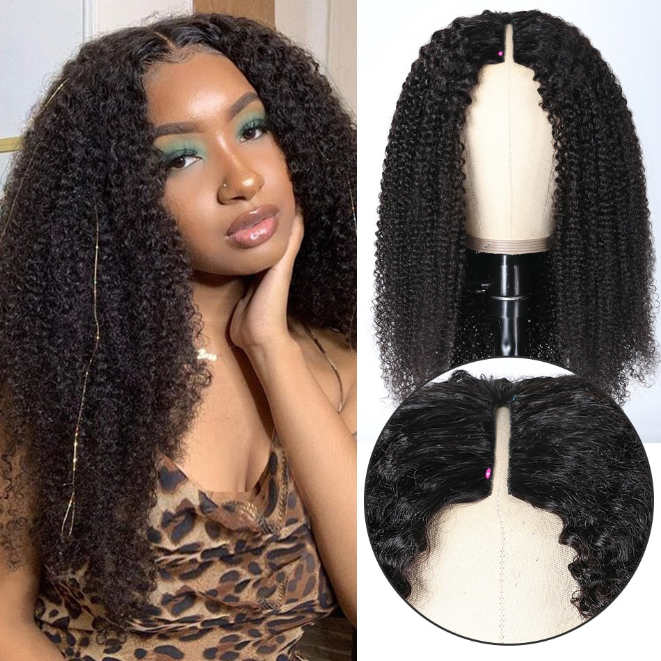 Kinky Hair Wigs - V Part - Human Hair - Glueless - No Leave Out - New I-Part Wig - Blend with Your Own Hairline - Pure Hair Gaze