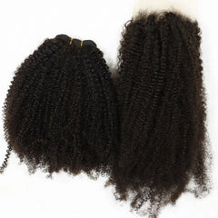 Double Weft Small Tight Kinky Curly Bundles with Lace Frontal Closure - Pure Hair Gaze