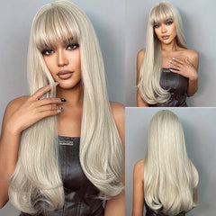 Heat Resistant Ash Blonde Wavy Wig with Bangs - Pure Hair Gaze