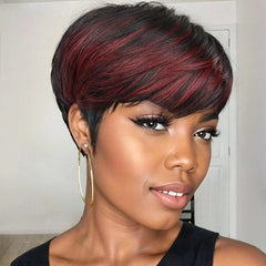 Short Synthetic Wig Ombre Red Pixie Cut with Bangs Natural Hair Color - Pure Hair Gaze