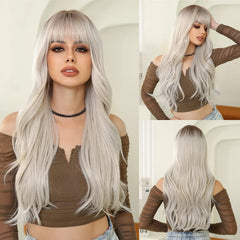 Ash Blonde Synthetic Long Wavy Wig with Bangs - Pure Hair Gaze