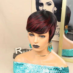 Short Synthetic Wig Ombre Red Pixie Cut with Bangs Natural Hair Color - Pure Hair Gaze