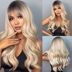 Ash Blonde Synthetic Long Wavy Wig with Bangs - Pure Hair Gaze