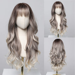 Ash Blonde Synthetic Long Wavy Wig with Bangs - Pure Hair Gaze