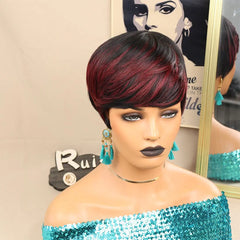 Short Synthetic Wig Ombre Red Pixie Cut with Bangs Natural Hair Color - Pure Hair Gaze