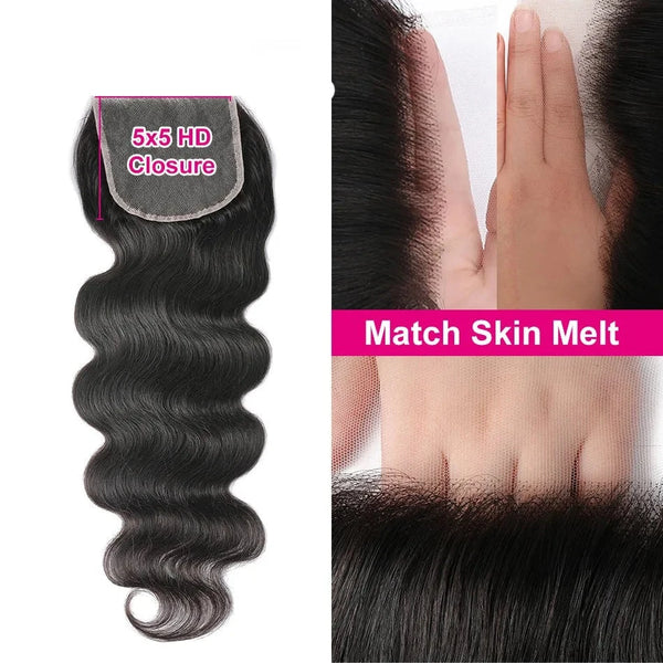 Flawless 5x5 HD Lace Closure - Body Wave Brazilian Virgin Hair, 100% Human with Invisible Knots