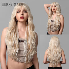 Ash Blonde Synthetic Long Wavy Wig with Bangs - Pure Hair Gaze