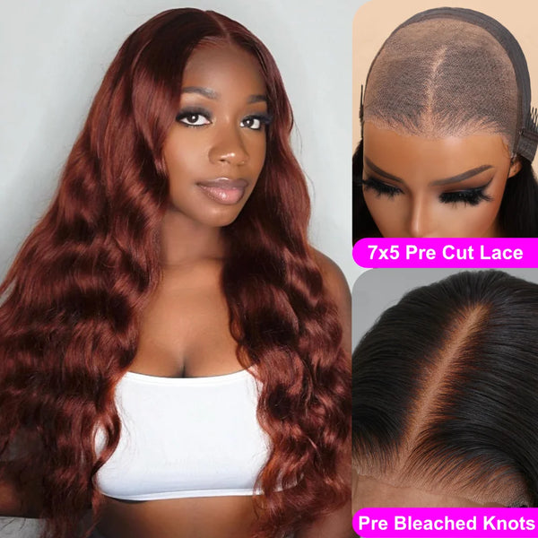 7X5 Invisible Knots Lace Wig Human Hair Reddish Brown Body Wave Wig Pre Cut Pre Plucked Pre Plucked Glueless Wear Go Wigs