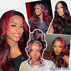 Ready-to-Wear Burgundy Highlight Wig - 13x4 Lace Front, Glueless Black Body Wave with Red Highlights - Pure Hair Gaze