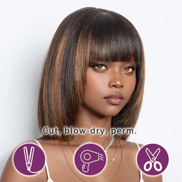 250% Density Straight Bob Wig Human Hair  Wigs with Bangs