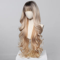 Ash Blonde Synthetic Long Wavy Wig with Bangs - Pure Hair Gaze