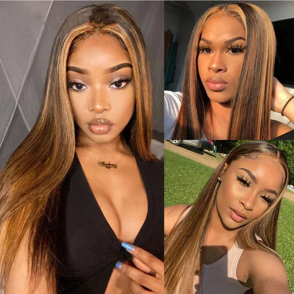 P4/27 Honey Blonde Human Hair Straight Lace Frontal Wig