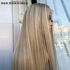 Ash Blonde Highlights Wigs with Dark Roots 30 Inch Long Straight Lace Front Wig Synthetic Hair Glueless Wigs For Women