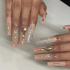 Pretty Nails 24Pcs Long Coffin False Nails with Glue Wearable Brown Fake Nails with   Rhinestones Ballet Press on Nails Full Cover Nail Tips - Pure Hair Gaze