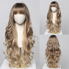 Heat Resistant Ash Blonde Wavy Wig with Bangs - Pure Hair Gaze