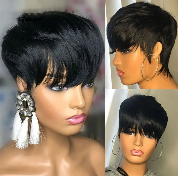 Pixie Cut Human Hair Natural Black Wig