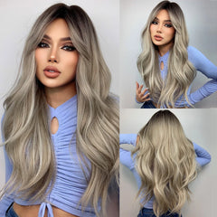 Heat Resistant Ash Blonde Wavy Wig with Bangs - Pure Hair Gaze