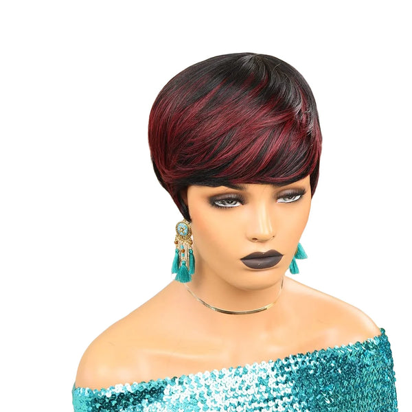 Short Synthetic Wig Ombre Red Pixie Cut with Bangs Natural Hair Color