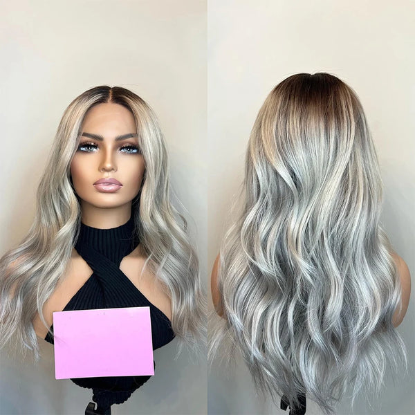 Embrace Boldness: White Silver Blonde Body Wave Full Lace Wig - Dark Brown Roots, Glueless Ombre for Natural Elegance & Fashion Elevate