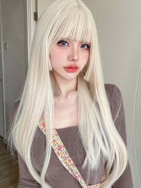 26Inch Platinum Blonde Golden Synthetic Wig With Bangs