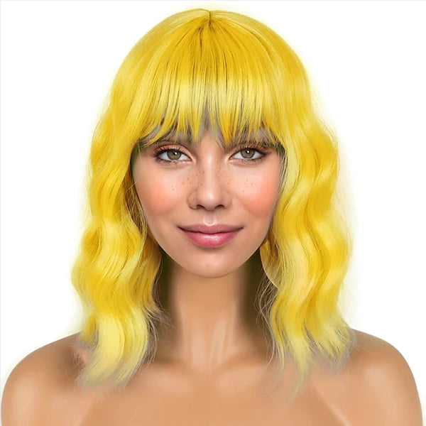 Women Short Yellow Wig with Bangs