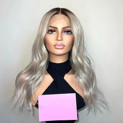 Embrace Boldness: White Silver Blonde Body Wave Full Lace Wig - Dark Brown Roots, Glueless Ombre for Natural Elegance & Fashion Elevate - Pure Hair Gaze