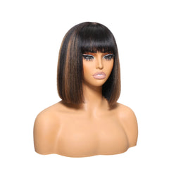 Short Bob Wigs With Bangs Yaki Straight Highlight Balayage Color Wig 4X2 T Part Lace 100% Human Hair Wigs - Pure Hair Gaze