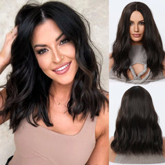 Short Wavy Dark Brown Black  Wigs with Bangs Black Sexy Bob Wavy Synthetic Hair for Women Natural Cosplay Heat Resistant Wig - Pure Hair Gaze