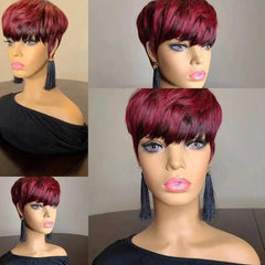 Red Color Pixie Short Cut Bob Wig  with Natural Bangs Brazilian Straight Human Hair - Pure Hair Gaze