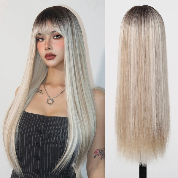 Long Straight Platinum Wigs with Bangs