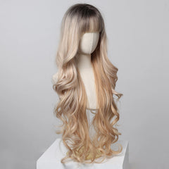 Ash Blonde Synthetic Long Wavy Wig with Bangs - Pure Hair Gaze