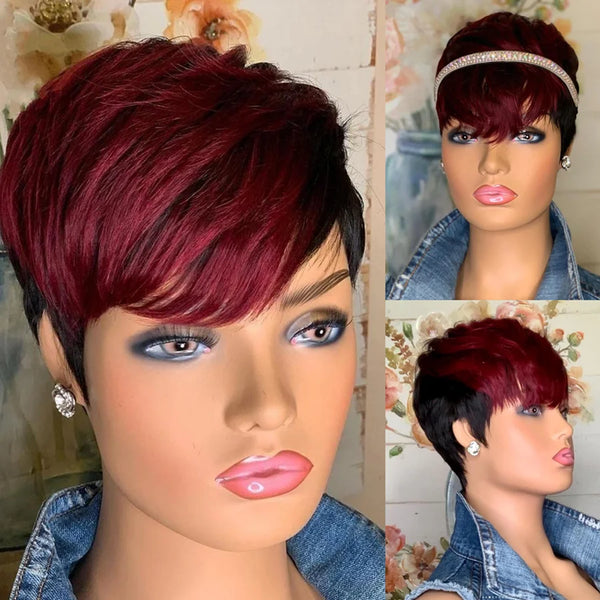 Red Color Pixie Short Cut Bob Wig  with Natural Bangs Brazilian Straight Human Hair