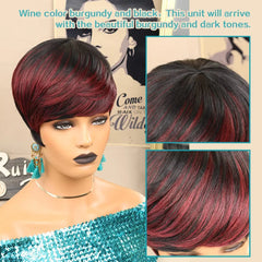 Short Synthetic Wig Ombre Red Pixie Cut with Bangs Natural Hair Color - Pure Hair Gaze