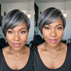 Salt And Pepper Boss Look | Short Pixie Cut 5x5 Frontal Lace C Part Wig 100% Human Hair - Pure Hair Gaze