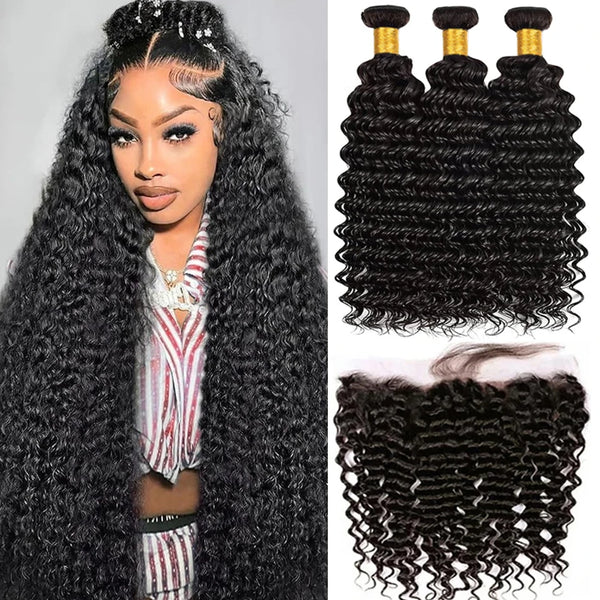 13x4 Transparent Lace Frontal Deep Wave Human Hair Bundles