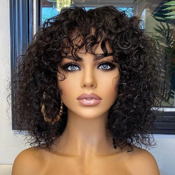 Water Wave Minimalist Lace Glueless Short Wig with Bangs