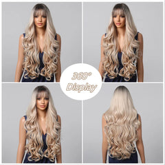 Ash Blonde Synthetic Long Wavy Wig with Bangs - Pure Hair Gaze